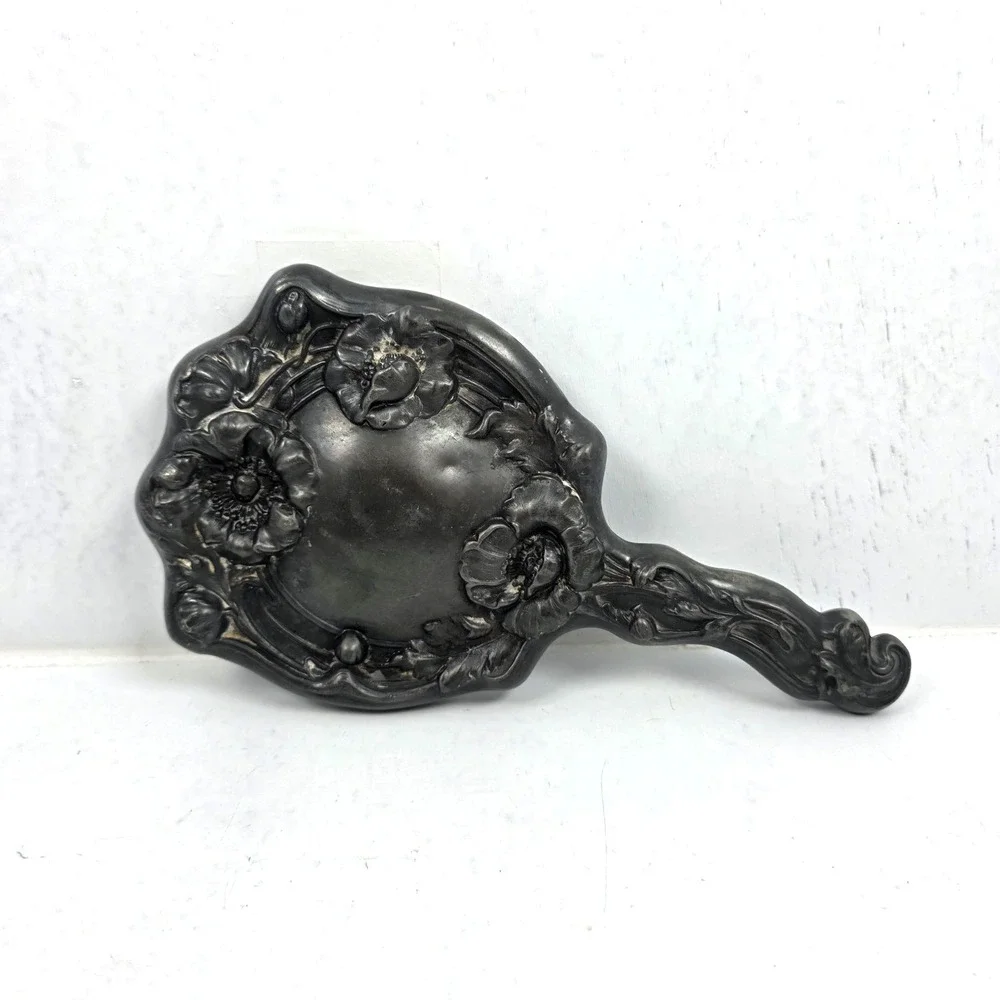 Vintage Art Nouveau Repousse Handheld Mirror Bevelled Glass 10